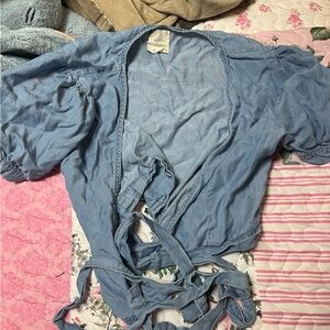 Harper Light Blue Chambray Tie-Waist Top